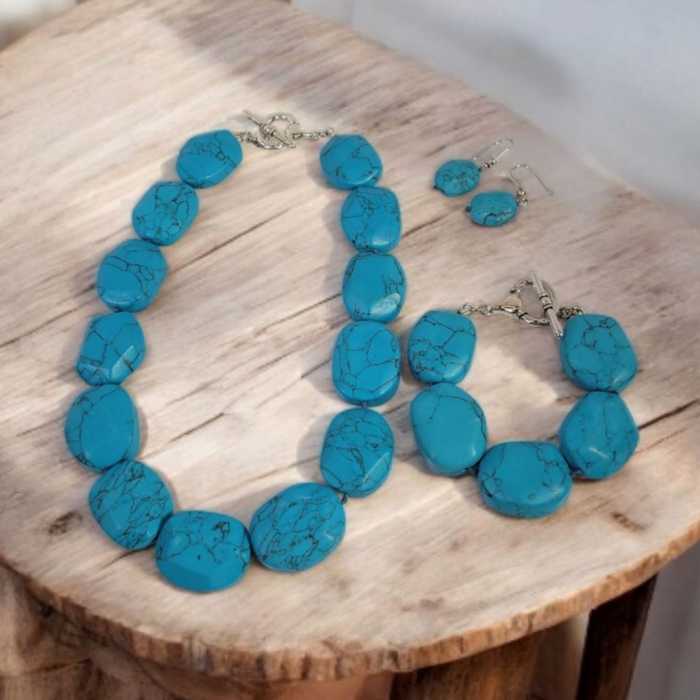 Vintage Ralph Lauren Turquoise Stone Silver Plated Chunky Jewelry Set 3 PC Suite
